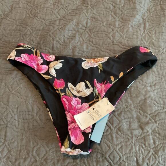 Cupshe Black Pink Floral Print Bikini Swimsuit Bottoms Size S - Picture 2 of 3